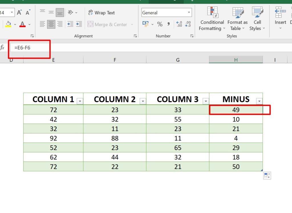 subtract in excel img1