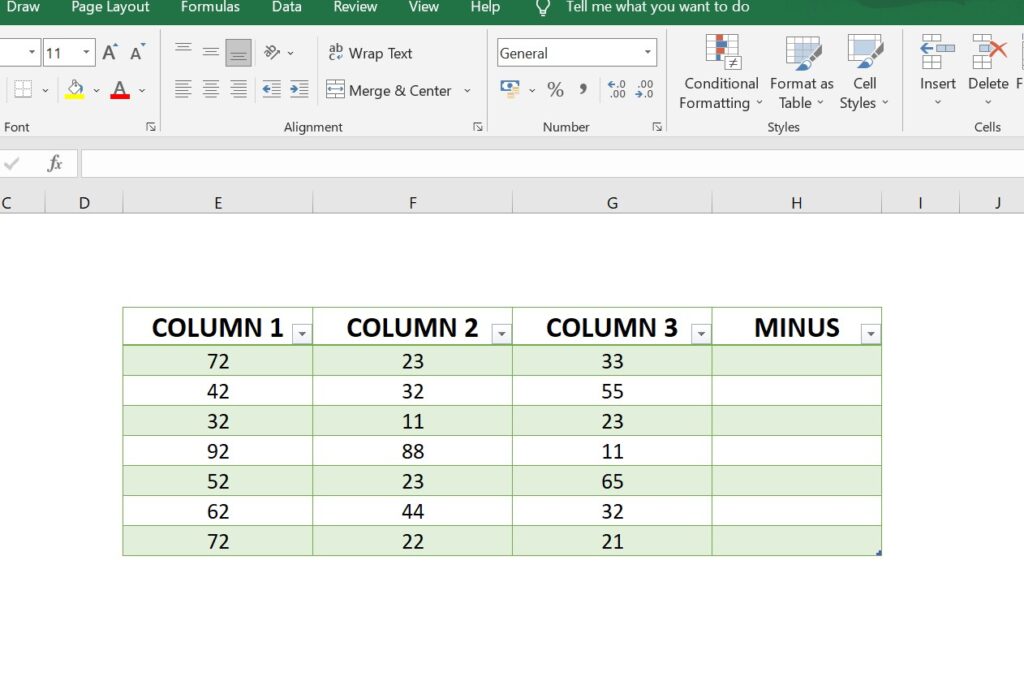 subtraction in excel table