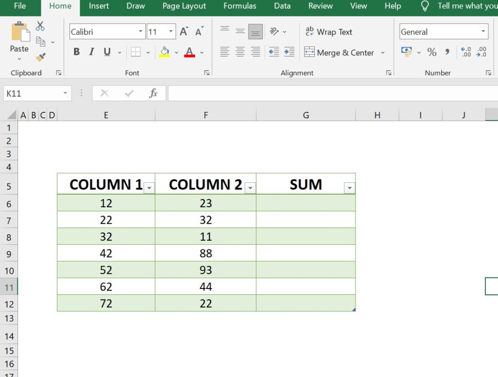 sum in excel table