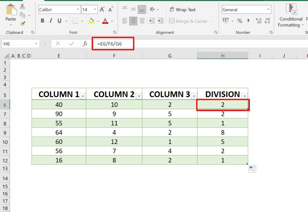 divide in excel img2