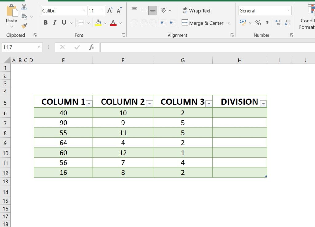division formula in excel table
