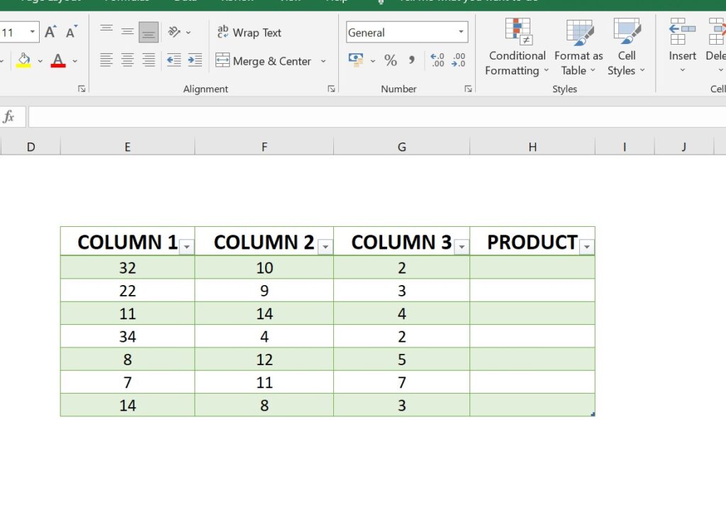 multiply in excel table