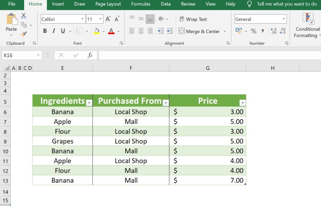 average formula in excel main table