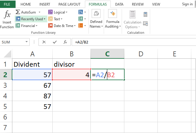 division formula in excel