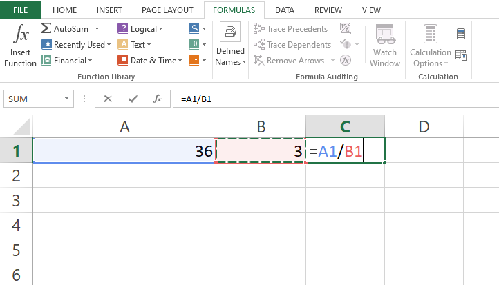 division formula in excel