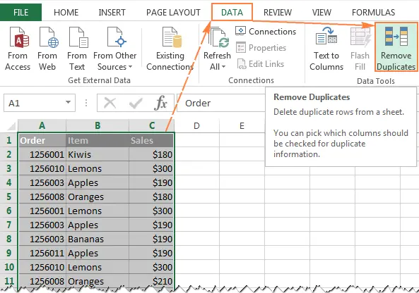Built In Remove Duplicates Tool