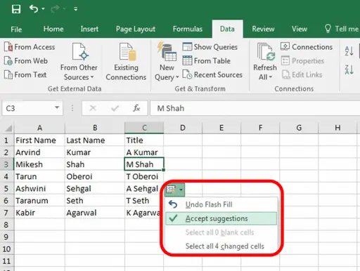 Flash fill for fast name combining in Excel